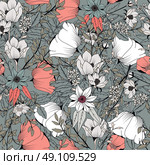 Seamless pattern design with hand drawn flowers and floral elements. Стоковая иллюстрация, агентство Ingram Publishing / Фотобанк Лори