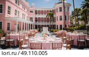 The Blushing Oasis: A Spectacular Pink Establishment Awash With Delightful Tables and Chairs. Стоковое AI-изображение, AI-художник Данила Большаков / Фотобанк Лори