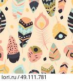 Seamless pattern with boho vintage tribal ethnic colorful vibrant feathers, vector illustration. Стоковая иллюстрация, агентство Ingram Publishing / Фотобанк Лори