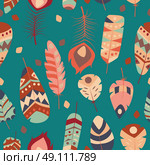 Seamless pattern with boho vintage tribal ethnic colorful vibrant feathers, vector illustration. Стоковая иллюстрация, агентство Ingram Publishing / Фотобанк Лори