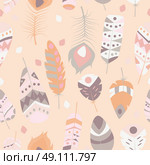 Seamless pattern with boho vintage tribal ethnic colorful vibrant feathers, vector illustration. Стоковая иллюстрация, агентство Ingram Publishing / Фотобанк Лори