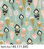 Seamless pattern with boho vintage tribal ethnic colorful vibrant feathers, vector illustration. Стоковая иллюстрация, агентство Ingram Publishing / Фотобанк Лори