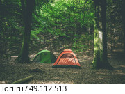 Camping tents in a forest in green and orange colors. Стоковое фото, агентство Ingram Publishing / Фотобанк Лори