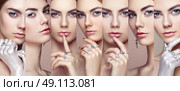 Beauty collage. Faces of women. Fashion portrait of young beautiful woman with jewelry. Blonde girl. Perfect make-up.  Beauty style woman with diamond accessories. Стоковое фото, агентство Ingram Publishing / Фотобанк Лори