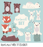 Collection of cute forest and polar animals with baby cubs, including bear, fox, fawn and rabbit, vector illustration. Стоковая иллюстрация, агентство Ingram Publishing / Фотобанк Лори