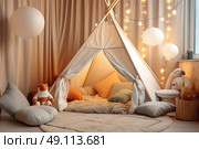 Enchanting Hideaway: A Childs Room Transformed With a Teepee Tent and a Family of Cuddly Stuffed Animals. Стоковое AI-изображение, AI-художник Данила Большаков / Фотобанк Лори
