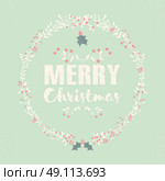 Merry Christmas postcard with lettering and floral wreaths, vector illustration. Стоковая иллюстрация, агентство Ingram Publishing / Фотобанк Лори