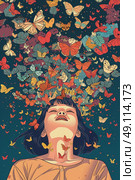 A female person standing with butterflies flying above her head. Стоковое AI-изображение, AI-художник Данила Большаков / Фотобанк Лори