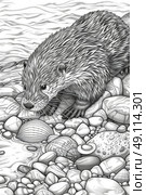 A meticulously drawn otter stands on a pebbled shore, surrounded by river water and shells. Стоковое AI-изображение, AI-художник Данила Большаков / Фотобанк Лори