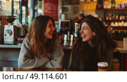 Two women sitting at a bar, laughing and enjoying a fun moment together. Стоковое AI-изображение, AI-художник Данила Большаков / Фотобанк Лори