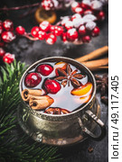 Mug of traditional mulled wine with cranberries, cinnamon sticks and anise star , close up. Стоковое фото, агентство Ingram Publishing / Фотобанк Лори