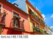 Triana barrio facades in Seville Andalusia Spain Sevilla. Стоковое фото, агентство Ingram Publishing / Фотобанк Лори