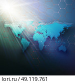 Green dotted world map, connecting lines and dots on dark color background. Chemistry pattern, hexagonal molecule structure, medical research. Medicine, technology concept. Abstract design vector decoration. Стоковая иллюстрация, агентство Ingram Publishing / Фотобанк Лори