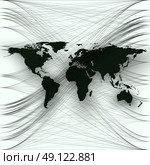 Black color world map with abstract waves and lines on white background. Motion design. Gray color chaotic, random, messy curves, swirl. Vector decoration. Стоковая иллюстрация, агентство Ingram Publishing / Фотобанк Лори