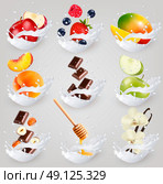 Big collection icons of fruit in a milk splash. Raspberry, strawberry, mango, vanilla, peach, apple, honey, nuts, chocolate Vector Set 3. Стоковая иллюстрация, агентство Ingram Publishing / Фотобанк Лори
