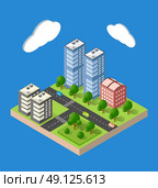 Flat 3d isometric urban city infographic concept. Township center map with buildings, shops and roads on the plane. Стоковая иллюстрация, агентство Ingram Publishing / Фотобанк Лори