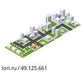 Flat isometric map, landscape city, building skyscraper, picture of the nature, parks, cafe, landmarks. Vector 3d top view block dormitory area. Стоковая иллюстрация, агентство Ingram Publishing / Фотобанк Лори