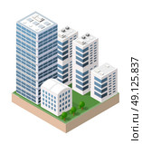 Flat 3d isometric urban city infographic concept. Township center map with buildings, shops and roads on the plane. Стоковая иллюстрация, агентство Ingram Publishing / Фотобанк Лори