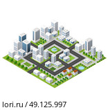 Flat isometric map, landscape city, building skyscraper, picture of the nature, parks, cafe, landmarks. Vector 3d top view block dormitory area. Стоковая иллюстрация, агентство Ingram Publishing / Фотобанк Лори