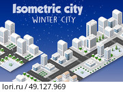 Isometric set of the modern 3D city. Winter landscape snowy trees, streets. Three-dimensional views of skyscrapers, houses, buildings and urban areas with transport roads, urban intersections. Стоковая иллюстрация, агентство Ingram Publishing / Фотобанк Лори