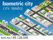 Isometric set of the modern 3D city. Winter landscape snowy trees, streets. Three-dimensional views of skyscrapers, houses, buildings and urban areas with transport roads, urban intersections. Стоковая иллюстрация, агентство Ingram Publishing / Фотобанк Лори