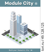 Isometric module of the modern 3D city. Winter landscape snowy trees, streets. Three-dimensional views of skyscrapers, houses, buildings and urban areas with transport roads, urban intersections. Стоковая иллюстрация, агентство Ingram Publishing / Фотобанк Лори