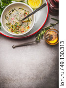 Delicious Marinade , dip or dressing making  on gray stone background, top view, place for text. Стоковое фото, агентство Ingram Publishing / Фотобанк Лори