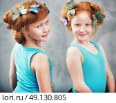 Two redhead twins with butterflies in haircut. Стоковое фото, агентство Ingram Publishing / Фотобанк Лори