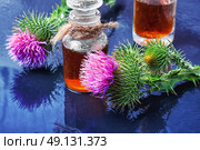 Flower and burdock extract. Buds medicinal wild plants burdock and burdocks medicinal tincture. Стоковое фото, агентство Ingram Publishing / Фотобанк Лори