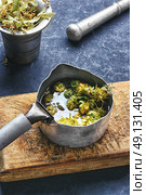medicinal hops cones. Iron dipper with medicinal decoction of hop cones. Стоковое фото, агентство Ingram Publishing / Фотобанк Лори