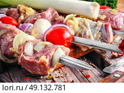 Raw pork meat on skewer,prepared for frying. Стоковое фото, агентство Ingram Publishing / Фотобанк Лори