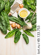 spinach cooking ingredients with spoon, onion,oil, nutmeg and garlic on white wooden background, top view, frame. Стоковое фото, агентство Ingram Publishing / Фотобанк Лори
