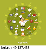 Cooking Icons Circle Collection. Cooking icons circle collection with chef fried chicken steak apron cookbook mitt kitchen utensils isolated vector illustration. Стоковая иллюстрация, агентство Ingram Publishing / Фотобанк Лори