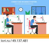 Spine Sitting Postures Illustration. Young man demonstrating correct and incorrect sitting postures for healthy spine while working on computer flat vector illustration. Стоковая иллюстрация, агентство Ingram Publishing / Фотобанк Лори