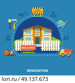 House Renewal Concept. House renewal concept with building facade wheelbarrow truck brush roller fence spatula brick wall isolated vector illustration. Стоковая иллюстрация, агентство Ingram Publishing / Фотобанк Лори