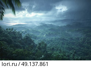 A view of a rain storm engulfing the jungle, with dark clouds, heavy rainfall, and lightning strikes visible. Стоковое AI-изображение, AI-художник Данила Большаков / Фотобанк Лори