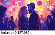 A couple embraces lovingly surrounded by vibrant lights and decorations at a lively night party, with other people socializing in the background. Стоковое AI-изображение, AI-художник Данила Большаков / Фотобанк Лори