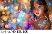A young girl is mesmerized by colorful light reflections, possibly from a glass prism, creating a magical atmosphere indoors during the day. Стоковое AI-изображение, AI-художник Данила Большаков / Фотобанк Лори