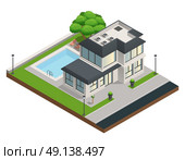 Suburban House Isometric Composition. Isometric composition with modern suburban two storeyd private house and clean yard with swimming pool vector illustration. Стоковая иллюстрация, агентство Ingram Publishing / Фотобанк Лори