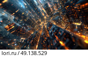 A futuristic cityscape fills the scene with an array of bright lights twinkling against the night sky, showcasing the hustle and bustle of urban life. Стоковое AI-изображение, AI-художник Данила Большаков / Фотобанк Лори