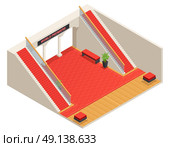 Stairs Interior Isometric Illustration. Color isometric design of foyer with red stairs and carpet vector illustration. Стоковая иллюстрация, агентство Ingram Publishing / Фотобанк Лори