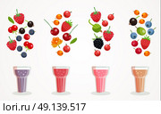 Berry Smoothies Set . Berry smoothies glasses composition with images of ingredients included in each drink flat vector illustration. Стоковая иллюстрация, агентство Ingram Publishing / Фотобанк Лори