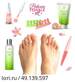 Pedicure Female Feet Set. Tools for pedicure and care female feet seashell flower and petals set on white background realistic isolated vector illustration. Стоковая иллюстрация, агентство Ingram Publishing / Фотобанк Лори