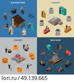 Metalworking 4 Isometric Icons Square Poster. Metalworking 4 isometric icons square composition with blacksmith shop foundry and turner facilities service isolated vector illustration  . Стоковая иллюстрация, агентство Ingram Publishing / Фотобанк Лори