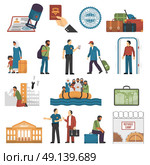 Immigration Isolated Color Icons Set. Immigration isolated color icons set with refugees sailing in boat escaped from war refugee camp embassy building vector illustration. Стоковая иллюстрация, агентство Ingram Publishing / Фотобанк Лори