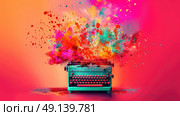 An old-fashioned typewriter releasing vibrant, colorful powder into the air. Стоковое AI-изображение, AI-художник Данила Большаков / Фотобанк Лори