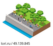 Isometric Landscaping Composition With People. Isometric landscaping composition with people walking on stone embarkment in summer vector illustration. Стоковая иллюстрация, агентство Ingram Publishing / Фотобанк Лори