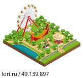  Amusement Park Isometric Composition . Amusement park isometric composition with carousel and ferris wheel symbols vector illustration . Стоковая иллюстрация, агентство Ingram Publishing / Фотобанк Лори