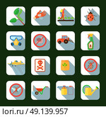 Pesticides Square Icons Set . Pesticides and fertilizers square shadow icons set on green background flat isolated vector illustration . Стоковая иллюстрация, агентство Ingram Publishing / Фотобанк Лори