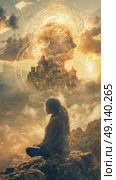 A person sits on a rock gazing up at a castle floating in the sky in a surreal scene. Стоковое AI-изображение, AI-художник Данила Большаков / Фотобанк Лори